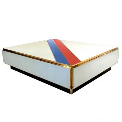 Custom Italian Art Design 2 Drawer Red Blue Stripe White Glass Low Coffee Table