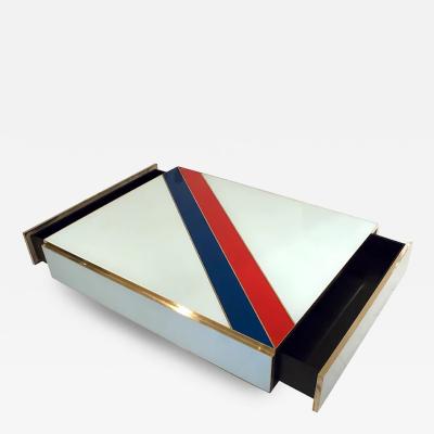 Custom Italian Art Design 2 Drawer Red Blue Stripe White Glass Low Coffee Table
