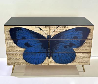 Custom Italian Printed Pop Art Black Blue Butterfly Lacquer Wood Chest Sideboard