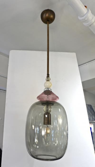 Custom Italian Purple Crystal Gold and Gray Smoked Murano Glass Pendant Light
