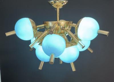 Custom Italian Turquoise Gold Murano Brass Sputnik Globe Flushmount Chandeliers