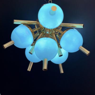 Custom Italian Turquoise Gold Murano Brass Sputnik Globe Flushmount Chandeliers