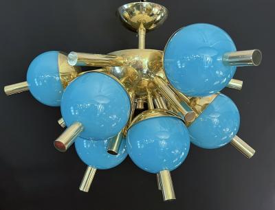Custom Italian Turquoise Gold Murano Brass Sputnik Globe Flushmount Chandeliers