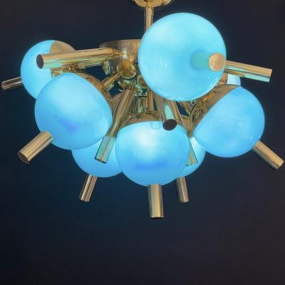 Custom Italian Turquoise Gold Murano Brass Sputnik Globe Flushmount Chandeliers