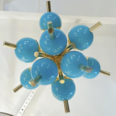 Custom Italian Turquoise Gold Murano Brass Sputnik Globe Flushmount Chandeliers
