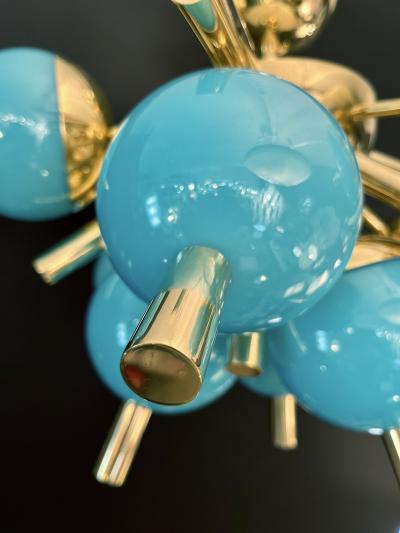 Custom Italian Turquoise Gold Murano Brass Sputnik Globe Flushmount Chandeliers