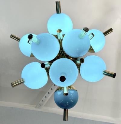 Custom Italian Turquoise Gold Murano Brass Sputnik Globe Flushmount Chandeliers
