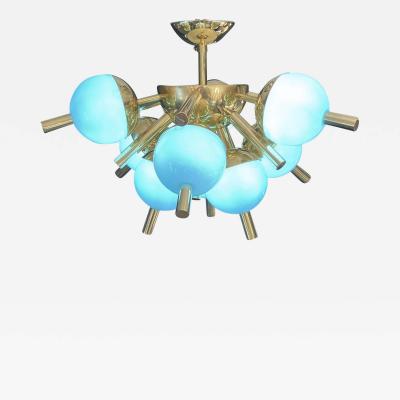 Custom Italian Turquoise Gold Murano Brass Sputnik Globe Flushmount Chandeliers