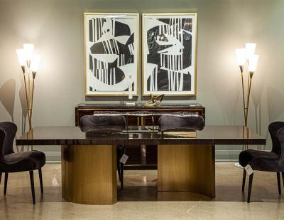 Custom Macassar Dining Table with Brass Bases