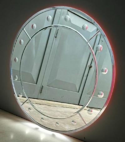 Custom Made Art Deco Round Chrome Mirror with Convex Mirrors 36 Diameter