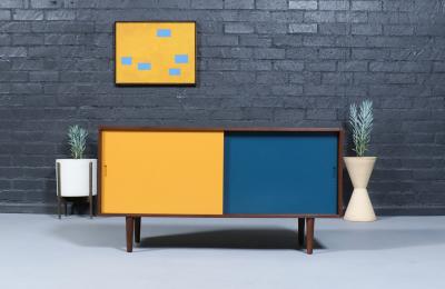 Custom Made Multi Color Lacquered Walnut Credenza by Danish Modern LA