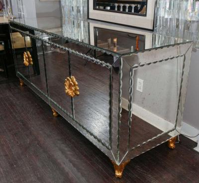 Custom Mirrored Buffet with Pie Crust Edge and Gold Leaf Hardware