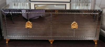 Custom Mirrored Buffet with Pie Crust Edge and Gold Leaf Hardware