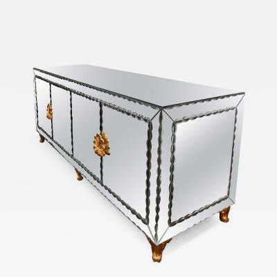 Custom Mirrored Buffet with Pie Crust Edge and Gold Leaf Hardware