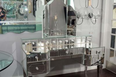 Custom Mirrored Vanity with Triptych Mirror and Baguette Details