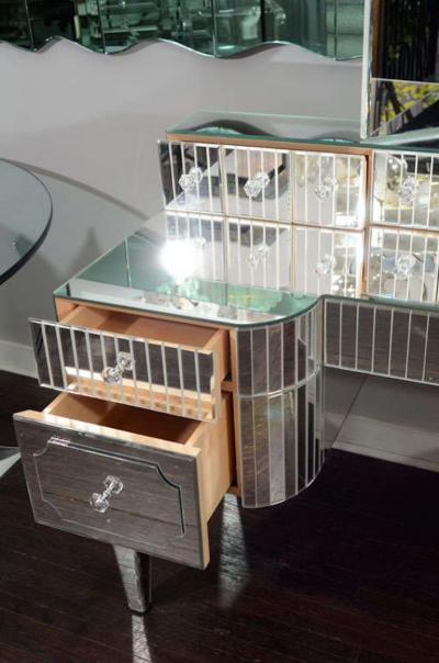 Custom Mirrored Vanity with Triptych Mirror and Baguette Details