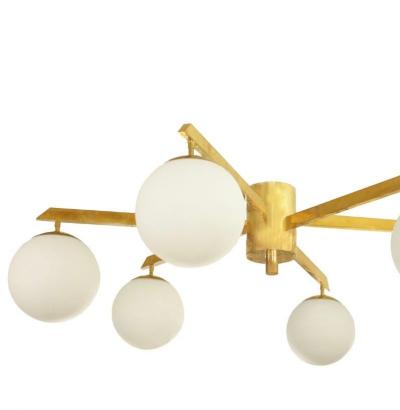 Custom Opaline Glass Globe and Brass 6 Arm Fixture