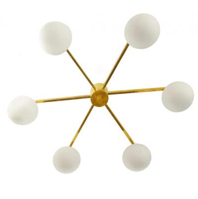 Custom Opaline Glass Globe and Brass 6 Arm Fixture
