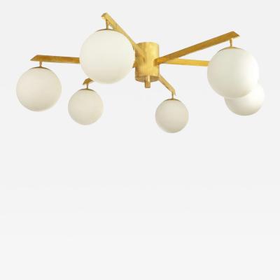 Custom Opaline Glass Globe and Brass 6 Arm Fixture