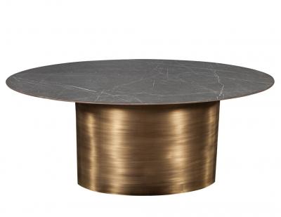 Custom Oval Porcelain Top Dining Table with Brass Demi Lune Base by Carrocel
