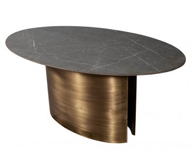 Custom Oval Porcelain Top Dining Table with Brass Demi Lune Base by Carrocel