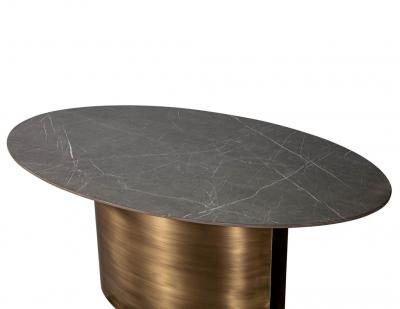 Custom Oval Porcelain Top Dining Table with Brass Demi Lune Base by Carrocel