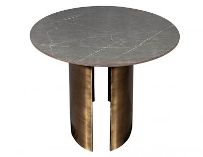 Custom Oval Porcelain Top Dining Table with Brass Demi Lune Base by Carrocel