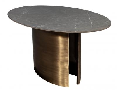 Custom Oval Porcelain Top Dining Table with Brass Demi Lune Base by Carrocel