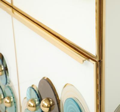 Custom Pair of Brass and Ivory Murano Glass with Glass Discs Cabinets Italy