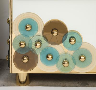 Custom Pair of Brass and Ivory Murano Glass with Glass Discs Cabinets Italy