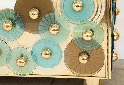 Custom Pair of Brass and Ivory Murano Glass with Glass Discs Cabinets Italy