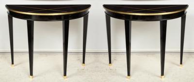 Custom Pair of Ebonized Demilune Consoles with Inlaid Brass Top