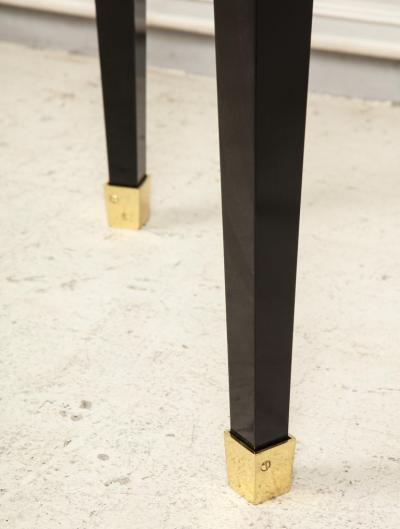 Custom Pair of Ebonized Demilune Consoles with Inlaid Brass Top