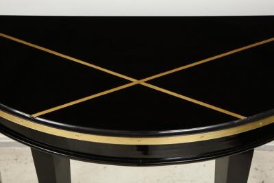 Custom Pair of Ebonized Demilune Consoles with Inlaid Brass Top