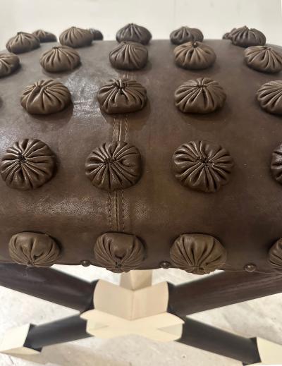 Custom Pair of Oak and Parchment X Frame Benches upholstered in Leather