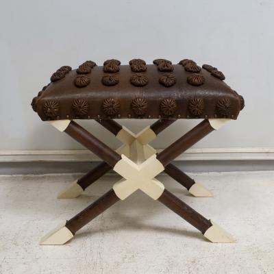 Custom Pair of Oak and Parchment X Frame Benches upholstered in Leather