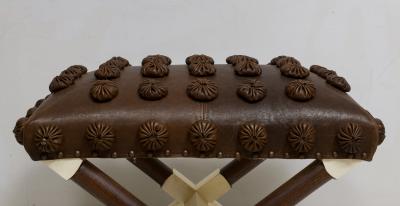 Custom Pair of Oak and Parchment X Frame Benches upholstered in Leather