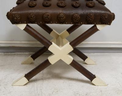 Custom Pair of Oak and Parchment X Frame Benches upholstered in Leather