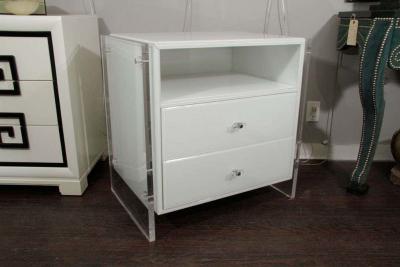 Custom Pair of White Reverse Painted Glass Lucite Nightstands