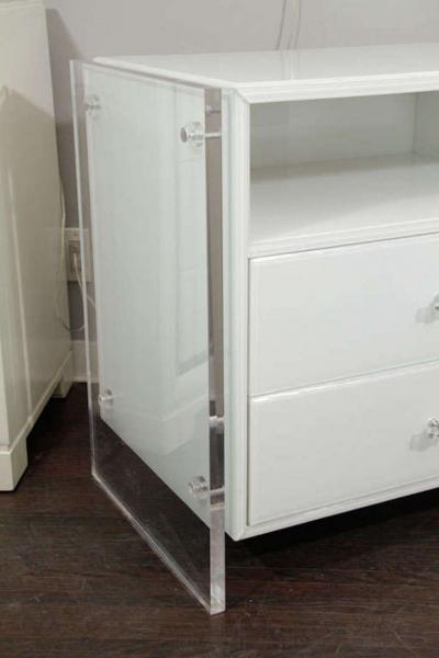 Custom Pair of White Reverse Painted Glass Lucite Nightstands