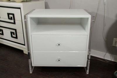 Custom Pair of White Reverse Painted Glass Lucite Nightstands