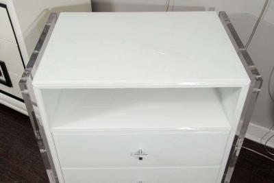 Custom Pair of White Reverse Painted Glass Lucite Nightstands