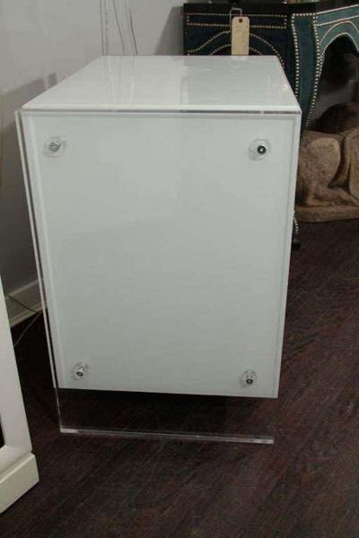 Custom Pair of White Reverse Painted Glass Lucite Nightstands