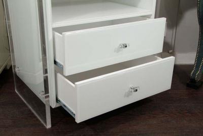 Custom Pair of White Reverse Painted Glass Lucite Nightstands