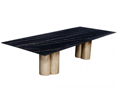 Custom Porcelain Dining Table with Distressed Silver Leaf Tulip Bases