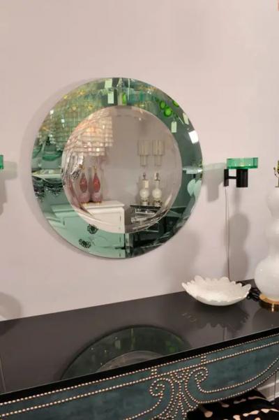 Custom Round Mirror with Green Glass Border in the Manner of Karl Springer