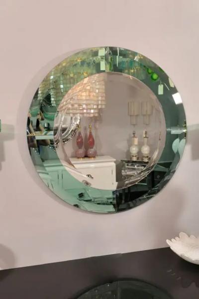 Custom Round Mirror with Green Glass Border in the Manner of Karl Springer
