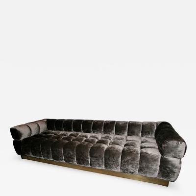 Custom Tufted Charcoal Brown Velvet Sofa with Brass Base