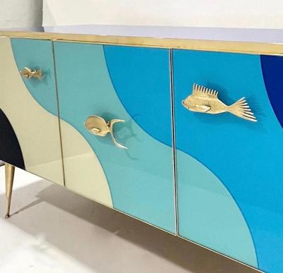 Customizable Italian Blue Ivory Glass Beach Decor Post Modern Cabinet Sideboard