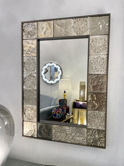 Customizable Italian Smoked Silver Murano Glass Geometric Gun Metal Tile Mirror